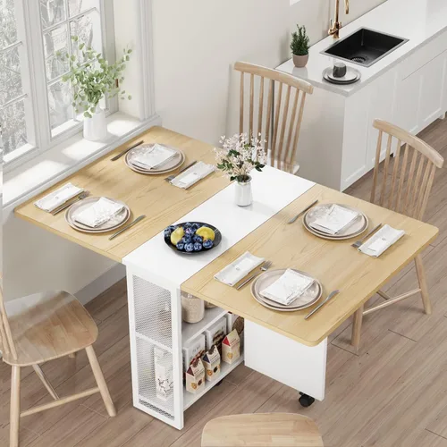 Vista 12 de IDEALHOUSE Mesa Plegable, Mesa de Comedor de Hoja Abatible con 6 Ruedas y Estante de Almacenamiento de 2 Niveles, Mesa de Ahorro de Espacio