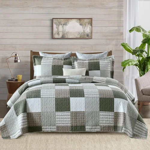 Vista 9 de Finlonte Edredones Tamaño Queen - Juego de Edredón Queen de Algodón 100% a Cuadros, Juego de Ropa de Cama de Granja Moderna, Colcha Reversible