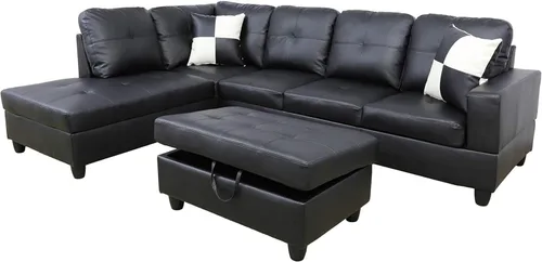 Vista 7 de Otomana de almacenamiento de cuero regenerado 37 x 24.5 x 16.5 pulgadas de alto para apartamento, casa, sala de estar, oficina (negro, otomano)