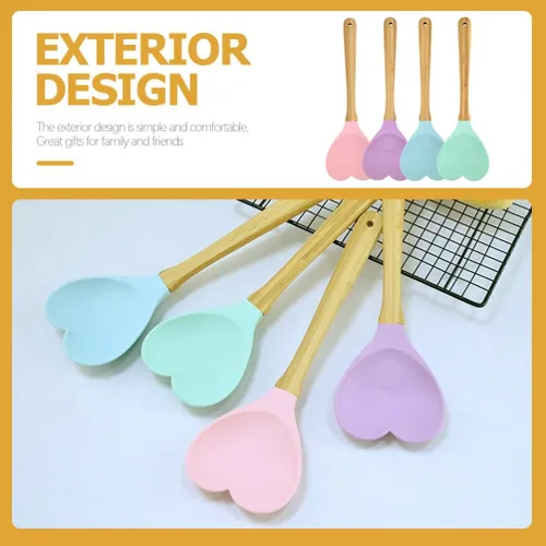 Vista 4 de Espátula en forma de corazón, 4 unidades, cuchara de madera de silicio en forma de corazón, cuchara de cocina para revolver, cuchara de mezcla