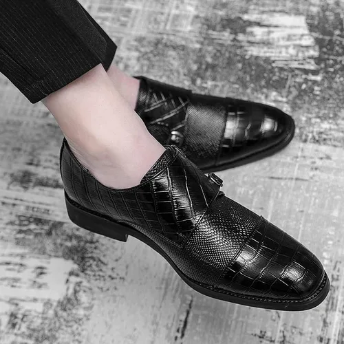 Vista 7 de HuitJours Men Black Blue Snakeskin Slips on Dress Shoes Double Monk Straps Classic Loafers Zapatos de Vestir para Hombre