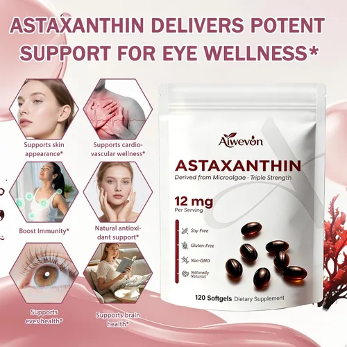 Vista 4 de Suplemento de astaxantina de 12 mg de cápsulas blandas, astaxantina natural de microalgas con aceite MCT para absorción, potente apoyo antioxidante