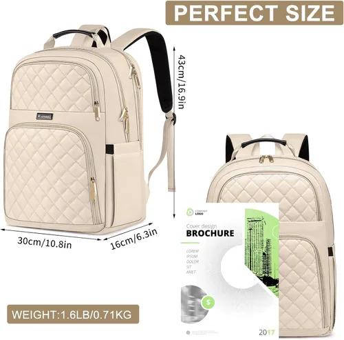 Vista 4 de Mochila Kuosdaz para Mujeres, Beige, 15,6 pulg. 15.6 Inch Cute Quilted Laptop Backpack, Large Bookbag for Middle School College Students, Beige