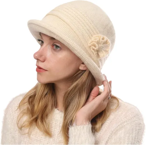Vista 19 de C-US - Gorro de punto cálido para mujer, con visera de ganchillo con acento de flores