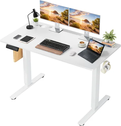 Vista 8 de Escritorio eléctrico de pie de 48 x 24 pulgadas, altura de memoria, ergonómico, de pie a pie, mesa de computadora con 2 ganchos y agujero para Marrón