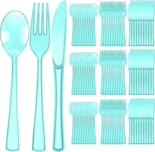 Vista 12 de Minatee Juego de 150 piezas de cubiertos desechables de plástico, juego de cubiertos de acero inoxidable resistente, 50 tenedores, 50 cuchillos, 50
