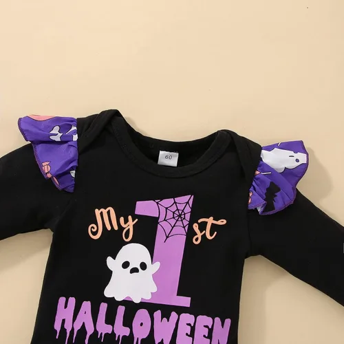Vista 5 de DOMOABEI My First Halloween - Conjunto de bebé niña recién nacida falda calabaza mameluco 0-18 meses Púrpura
