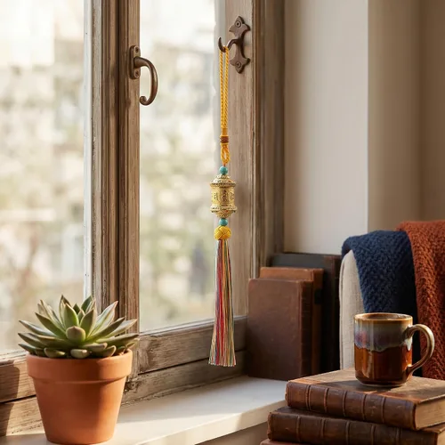 Vista 7 de Adornos budistas para colgar en el auto, rueda de oración budista, adorno de Feng Shui, decoración para el hogar, coche, colgar en el espejo