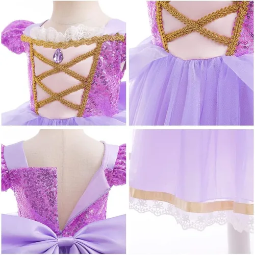 Vista 11 de Disfraz de princesa Sofía Rapunzel para niñas, disfraz de Halloween, Navidad, cumpleaños, fiesta con accesorios