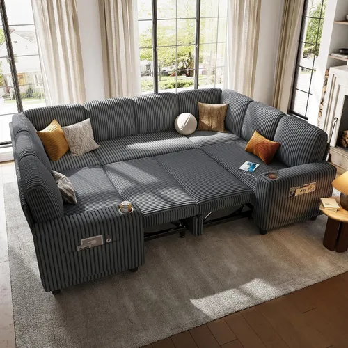 Vista 26 de LINSY HOME Sofá cama modular extraíble para sala de estar (beige, sofá cama 1) Sofá cama extraíble, almacenamiento, carga USB, portavasos, pana