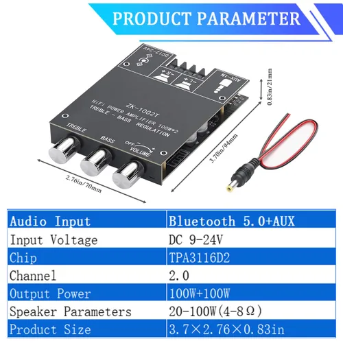 Vista 7 de ZK-1002T Placa de amplificador Bluetooth de 200W 2.0 CH Amplificador de audio con control de agudos y graves Placa de amplificador de potencia HiFi