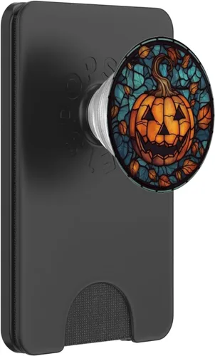 Vista 7 de Calabaza de Halloween vidrieras hojas de otoño negras PopSockets Standard PopGrip