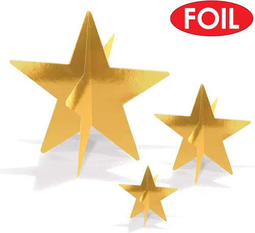 Vista 3 de Beistle Centros de mesa dorados de aluminio 3D, 9 unidades – Decoraciones de mesa estrelladas metálicas en 3 tamaños para Nochevieja, noche