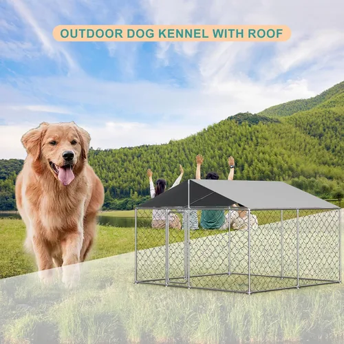 Vista 8 de Perrera grande para perros al aire libre de 10'x10', perrera para perros de acero galvanizado resistente afuera con cubierta impermeable resistente