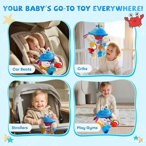 Vista 5 de Juguetes de Asiento de Carro para Bebés de 0-6 Meses, Juguete Colgante Sensorial de Cangrejo de Peluche para Cochecito, Cuna y Gimnasio de Juego