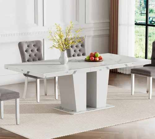 Vista 33 de Mesa de comedor extensible de 78.74 pulgadas para 6 8 y 10 pulgadas, moderna mesa de comedor extensible de granja con base de doble pedestal, mesa