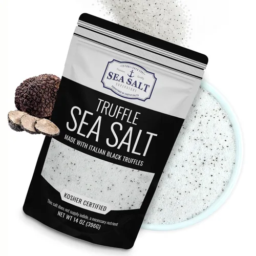 Vista 11 de Sal marina italiana de trufa negra, negro natural para sopas y salsas, sal gourmet suave y rica con infusión de trufa, bolsa de 14 onzas, Caravel