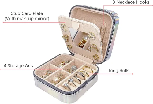 Vista 3 de Small Jewelry Box with mirror, Portable Mini Travel Jewelry Case Storage Organizer, PU Leather Double Layer Jewellery Organizer for Women and Girls
