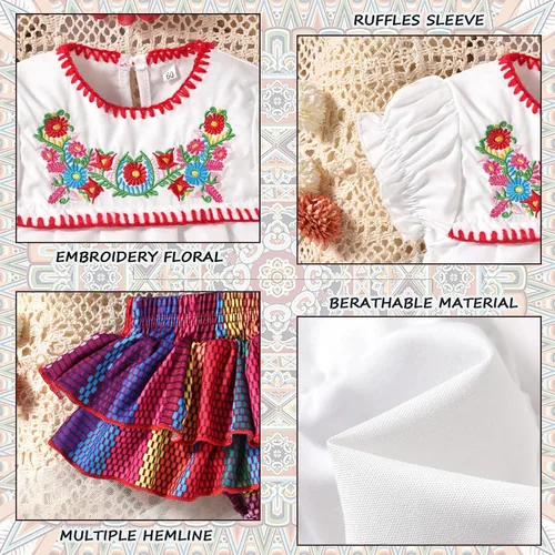 Vista 4 de HINTINA Conjunto de ropa de fiesta de Cinco de Mayo para bebé niña mexicana bordados florales