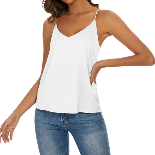 Vista 6 de Miqieer Camiseta básica de seda para mujer, con cuello en V, holgada, sin mangas, de satén, para mujer