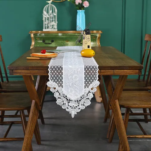 Vista 8 de Hsvanyr Camino de mesa de encaje blanco bordado, bufanda clásica rectangular de macramé, decoración de comedor, tocador, 12 x 27 pulgadas
