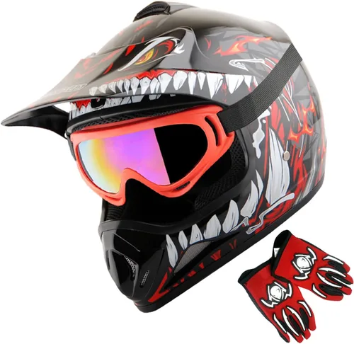 Vista 13 de WOW Casco de motocross BMX MX ATV para niños y jóvenes, casco Dianosour Dragon + gafas + guante marciano juvenil: paquete HJOY MG