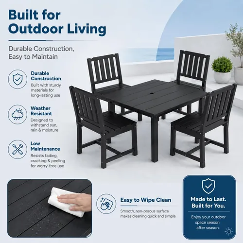 Vista 8 de Juego de comedor al aire libre HDPE para 4, mesa cuadrada y Negro