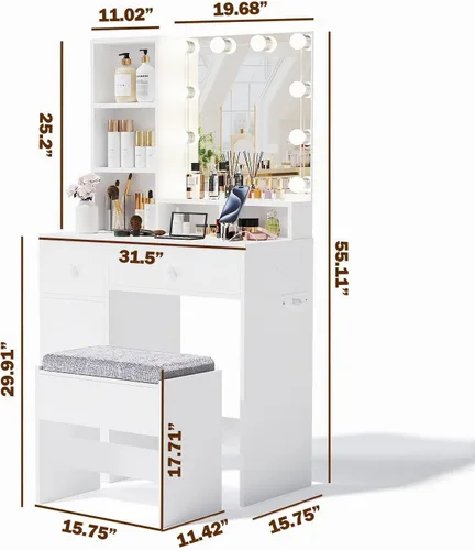 Vista 8 de Escritorio de tocador con espejo, luces y tira de corriente, tocador pequeño para espacios pequeños, mesa de maquillaje moderna con 4 cajones