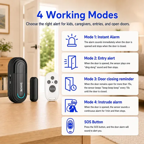 Vista 3 de Alarmas para puerta de piscina para seguridad del hogar, volumen de 0 a 120 dB ajustable con 4 modos, alarma de puerta inalámbrica con control Negro