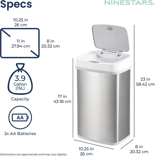 Vista 6 de Ninestars NPT-15-1WH Bote de basura automático con sensor de movimiento sin contacto con tapa, 4 galones/15 L, blanco, plástico