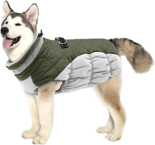 Vista 39 de Lelepet Abrigo cálido para perro, abrigo de invierno para perro, chaqueta impermeable para perros con arnés integrado reflectante de forro polar