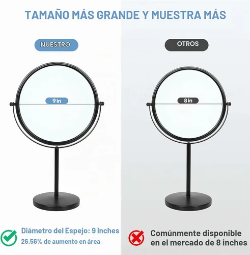 Vista 2 de Espejo de maquillaje de mesa de gran tamaño con aumento, espejo de tocador giratorio de 360° de doble cara de 9 pulgadas, espejo de aumento 1X/10X