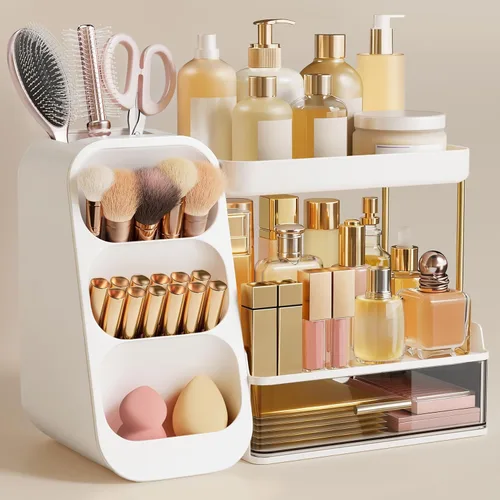Vista 8 de HBlife Organizador de maquillaje con soporte para brochas para tocador, organizador grande de plástico para tocador de baño, almacenamiento