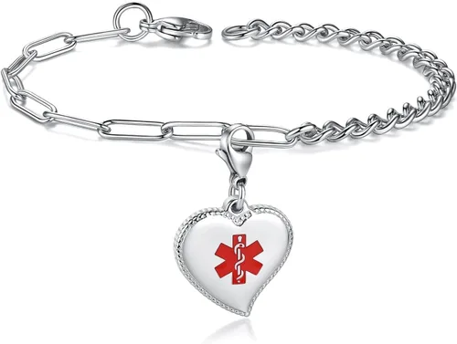 Vista 8 de mnmoom Elegant Medical Alert Bracelets for Women with heart medical id charm has Custom Engraved