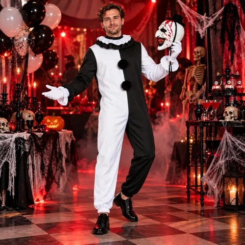Vista 5 de 5Pcs Art Clown Costume Adults Terrifying Mask Halloween Outfit White
