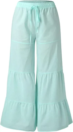 Vista 3 de GOKKILRW Pantalones de verano para mujer, estilo bohemio, dobladillo con volantes, pierna ancha, cintura alta, fruncidos, pantalones de playa