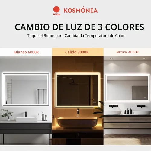 Vista 2 de Espejo de baño LED de 24x32'' con luz, marco de aluminio, regulable frontal y retroiluminado, antivaho, sin distorsión, memoria de luz, templado e