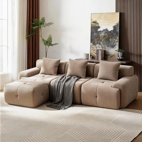 Vista 8 de Sofá modular modular de 104 pulgadas con otomana y 3 almohadas, sofá en forma de L sin hueso, relleno de material suave de celosía de piña con Negro
