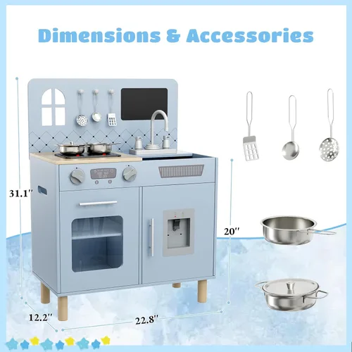 Vista 2 de Arlopu Juego de cocina de madera para niños con pizarra, luces y sonidos realistas, cocina interactiva con estufa, dispensador de agua, 6 utensilios