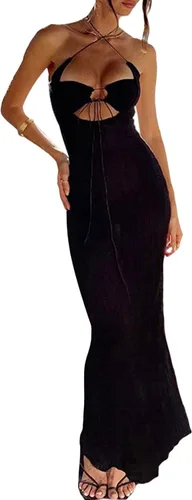 Vista 2 de Vestido largo ajustado con tirantes delgados cruzados para mujer, sexy, con cuello halter, cintura alta, para fiesta de noche