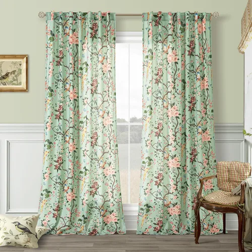 Vista 41 de Cortinas de lino de pájaro floral azul 2 paneles de 72 pulgadas de largo Aqua Blue