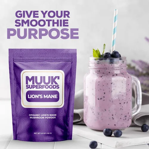 Vista 5 de MUUK' SUPERFOODS Polvo de hongo de melena de león orgánico puro Impulso cerebral, fabricado en Estados Unidos 3.5 oz (100 g), 60 porciones