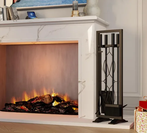 Vista 8 de Fire Beauty Juego de herramientas para chimenea, 5 piezas, accesorios de chimenea, kit de fuego con soporte, herramientas para estufas de leña