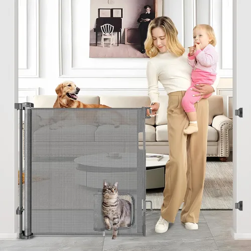 Vista 12 de Puertas retráctiles para bebés con puerta de 55" de ancho Puerta retráctil para perros con puerta para mascotas Puerta retráctil al aire libre