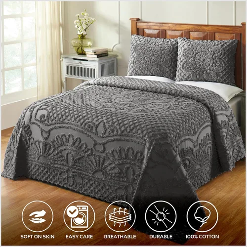 Vista 2 de Better Trends - Colchas de chenilla tamaño individual, gris carbón 100% algodón chenilla con diseño de medallón acolchado, cubierta de cama suave