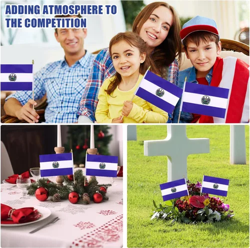 Vista 6 de 12 banderas pequeñas de Salvador en palo de madera, mini bandera de El Salvador, decoración de bandera de mano, 5 x 8 pulgadas