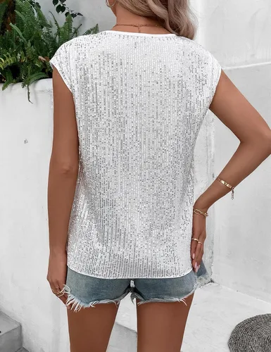 Vista 4 de ClearFlower Camisetas de lentejuelas para mujer, cuello redondo, sin mangas, brillante, sexy, camiseta corta sin mangas, ropa de club, camisola
