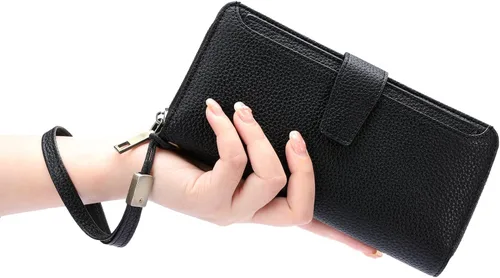 Vista 7 de GOIACII Cartera para mujer de gran capacidad con bloqueo RFID para mujer, tarjetero de embrague para teléfono, cartera larga de viaje, A03 negro