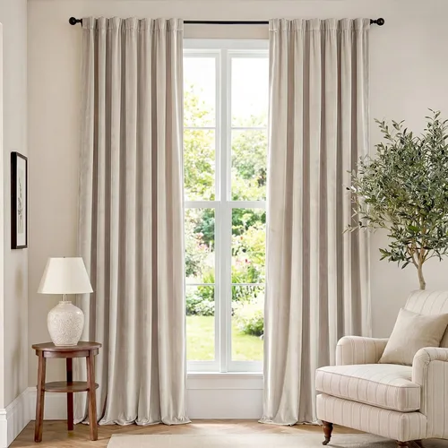 Vista 142 de Lazzzy Cortinas opacas de terciopelo beige de 84 pulgadas de largo con aislamiento térmico para oscurecer la habitación, cortinas forradas de lujo