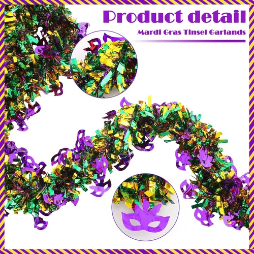 Vista 3 de Yinder Guirnalda de oropel de Mardi Gras de 39 pies con purpurina, verde, morado, dorado, guirnalda colgante metálica, guirnalda metálica